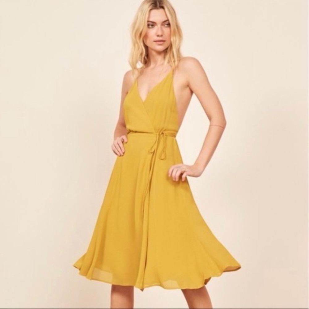 Reformation Mustard Yellow Wrap Midi Dress